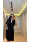Siyah Oysh Kumaş Beyaz Renk Bloklu Polo Yaka Elbise