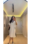 Beyaz Oysh Kumaş Siyah Renk Bloklu Polo Yaka Elbise