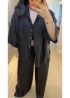 Siyah Oversize Yarım Kollu Gömlek