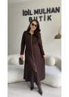 Acı Kahve Gold Fermuarlı Oysh Kumaş Elbise