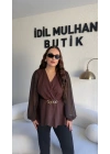 Acı Kahve Kruvaze Yaka Şifon Kollu Bluz