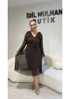 Acı Kahve Şifon Yaka Ve Kol Detaylı Elbise