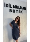 Antrasit V Yaka Yanları Şeritli Elbise