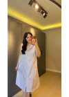 Bej Gabardin Kumaş Çizgili Gömlek Elbise