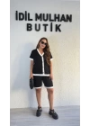 Beyaz Şeritli Gümüş Düğme Detaylı Şortlu Takım