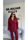 Bordo Bağlama Detaylı Kruvaze Blazer Takım