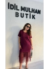 Bordo Eteği Güpürlü Elbise