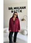 Bordo Fermuarlı Bel Büzgülü Ceket