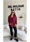 Bordo Fermuarlı Bel Büzgülü Ceket