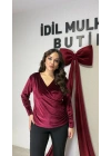 Bordo Kadife Taşlı Drapeli Bluz