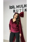 Bordo Kadife Taşlı Drapeli Bluz