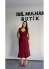 Bordo Kalp Yaka Klasik Midi Elbise