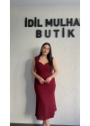 Bordo Kalp Yaka Klasik Midi Elbise