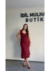 Bordo Kalp Yaka Klasik Midi Elbise
