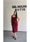 Bordo Kare Yaka Krep Elbise