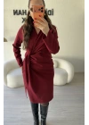 Bordo Kruvaze Pile Detaylı Elbise