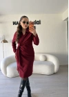 Bordo Kruvaze Pile Detaylı Elbise