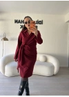 Bordo Kruvaze Pile Detaylı Elbise