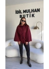 Bordo Oversize Kaşe Kuşaklı Panço