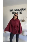 Bordo Oversize Kaşe Kuşaklı Panço