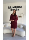 Bordo Şifon Kol Piliseli Elbise