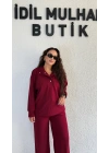 Bordo Yakası Düğmeli Büyük Beden Takım