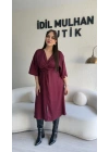 Bordo Yarasa Kol Saten Elbise