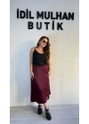 Bordo Yüksek Bel Saten Etek