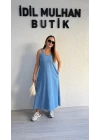 Buz Mavi Jean Kumaş Lastik Askılı Elbise