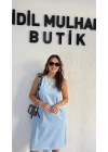 Buz Mavisi Kolsuz Kot Elbise