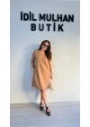 Camel Keten Cep Detaylı Oversize Elbise