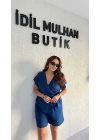 İndigo Mavi Keten Aerobin Şortlu Tulum