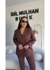 Kahverengi Bağlama Detaylı Kruvaze Blazer Takım