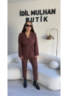 Kahverengi Bağlama Detaylı Kruvaze Blazer Takım