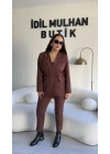 Kahverengi Bağlama Detaylı Kruvaze Blazer Takım