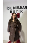 Kahverengi Çizgi Işıltılı Premium Elbise