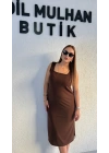 Kahverengi Kare Yaka Krep Elbise