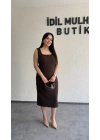 Kahverengi Kare Yaka Krep Elbise