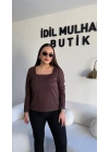 Kahverengi Kare Yaka Oysh Kumaş Bluz