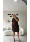 Kahverengi Kruvaze Yaka Sim Dokulu Kuşaklı Elbise