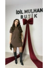 Kahverengi Likralı Süs Cepli Elbise