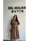 Kahverengi Tensel Dokulu Kemerli Elbise