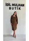 Kahverengi Uzun Kollu Kare Yaka Krep Elbise