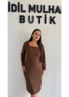 Kahverengi Uzun Kollu Kare Yaka Krep Elbise