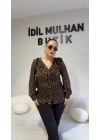 Kahverengi Volanlı Gold Varaklı Bluz