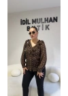 Kahverengi Volanlı Gold Varaklı Bluz