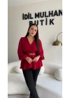 Kırmızı Kruvaze Yaka Şifon Kollu Bluz