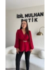 Kırmızı Kruvaze Yaka Şifon Kollu Bluz