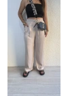 Krem Beli Lastikli Saten Pantolon