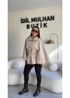 Krem Oversize Kaşe Kuşaklı Panço